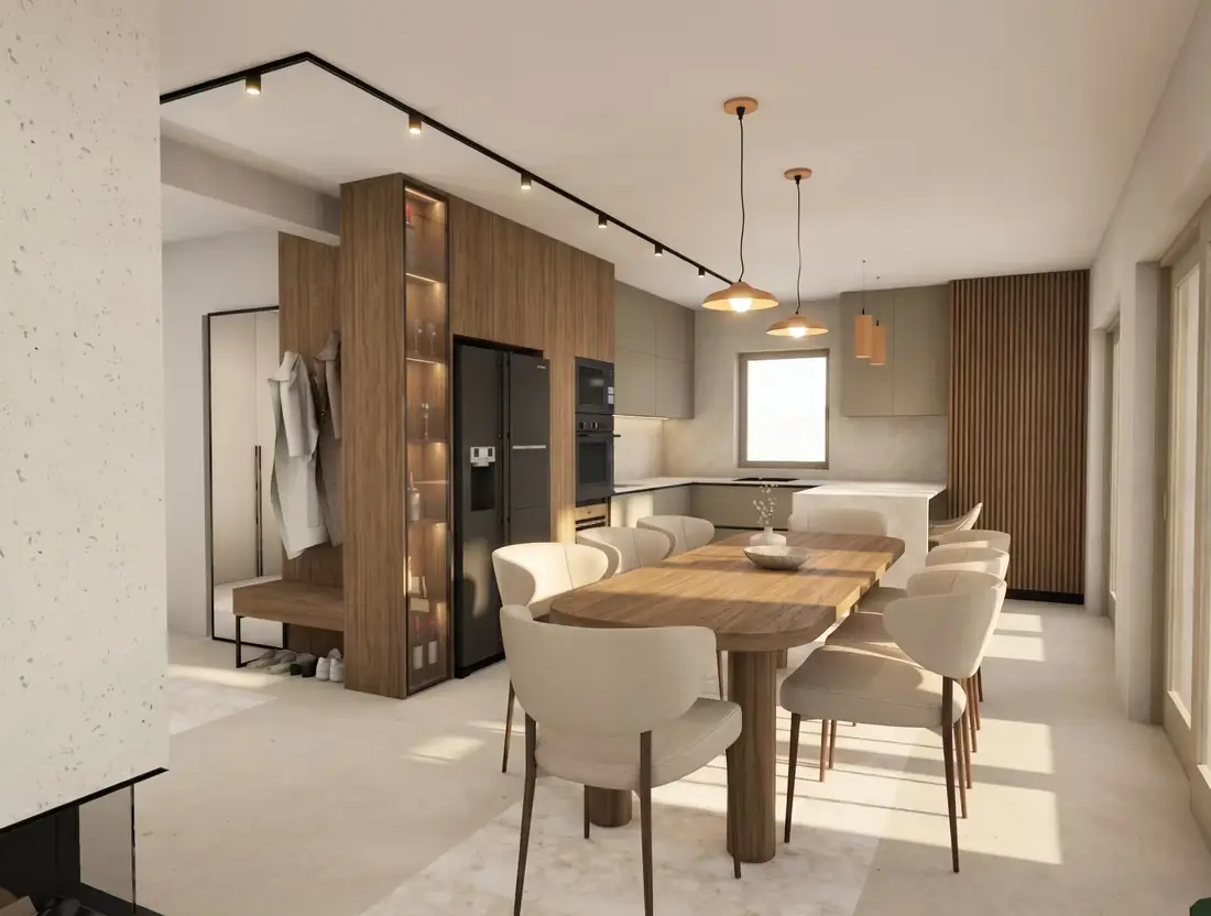 Moderan interijer blagovaonice i kuhinje s drvenim detaljima
