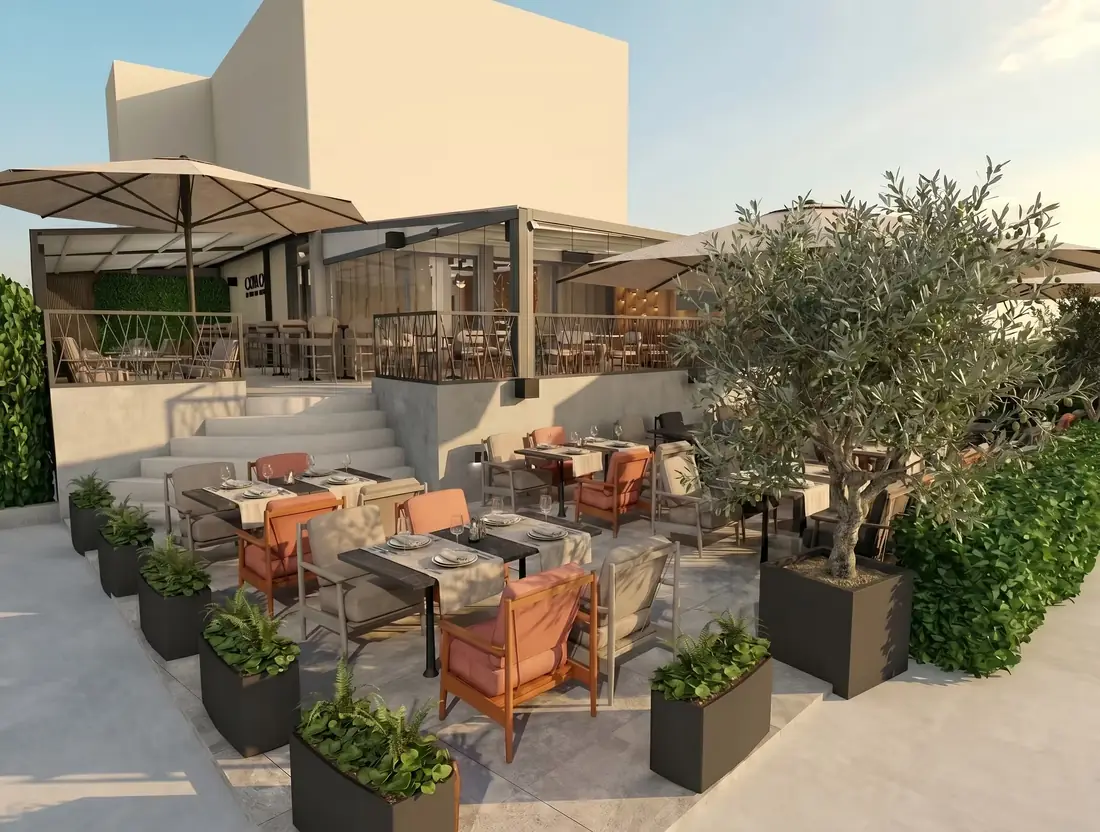 Uređen vanjski prostor s lounge zonom i prirodnim detaljima